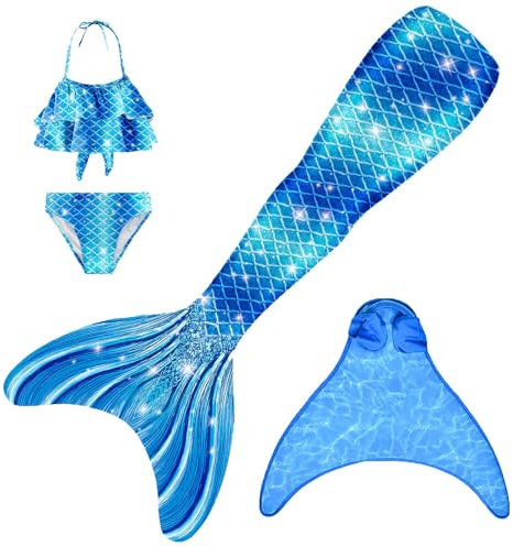 FOLOEO Meerjungfrauenflosse Mädchen Meerjungfrau Flosse Badeanzug Kinder zum Schwimmen mit Monoflosse und Bikini Set für Kinder, 4 Stück Set