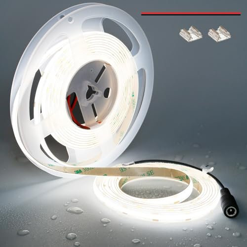 TOPAI 12V COB LED Streifen 5000K Wasserdicht IP65, LED Strip 5M Tageslicht Aussenbereich, CRI>90 Sehr Hell 4000lm LED Band Selbstklebend, 480LEDs/M Flexible Schneidbar für Küche Wohnzimmer