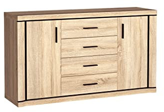 Bettso -Kommode, Breite Sideboard mit 2 Türen und 4 Schubladen für Wohnzimmer Schlafzimmer, XXL Stauraum - (Breite: 157cm Tiefe: 45 cm Höhe: 91 cm) Dallas D-1 Eiche Sonoma (Eiche Sonoma)