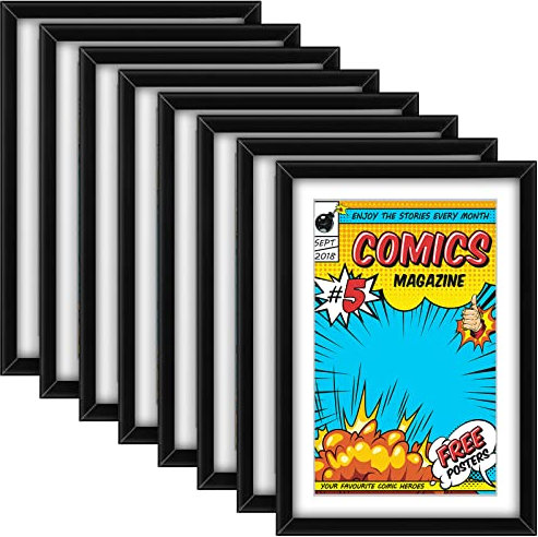 Geetery Comic-Bilderrahmen, UV-Schutz, für Zeitschriften, passend für aktuelle Modelle bis zu 17,8 x 26,7 cm, Wand- oder Tischdisplay mit Federklemmen, installierte Aufhänger, 8 Stück (schwarz (weiße