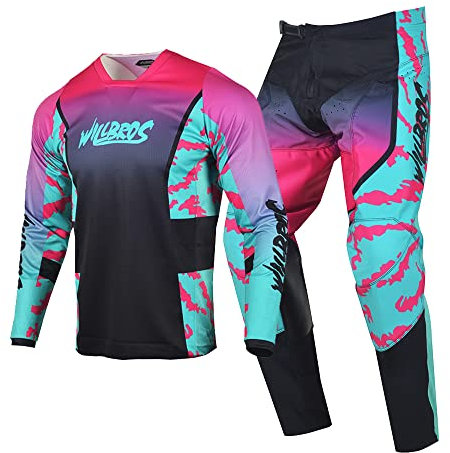 Willbros Completo Maglia e Pantaloni da Motocross Uomo Donna Dirt Bike Set di Ingranaggi MX Offroad Equitazione Adulto Razza Blu Rosa (Jersey XXXL Pants 40)