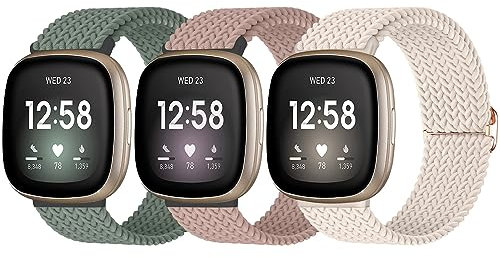 chinbersky 3 Stück Armband Kompatibel mit Fitbit Versa 3/ 4/ Sense/ 2 Nylon, Weiches Verstellbares Geflochtenes Ersatz-Sportband,Geeignet für Männer und Frauen