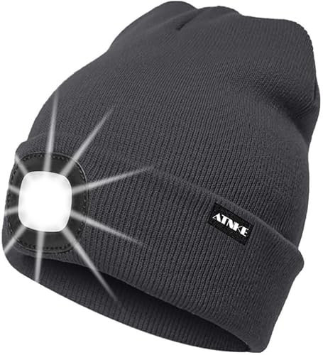 ATNKE LED Beleuchtete Mütze,Wiederaufladbare USB Laufmütze mit Licht Extrem Heller 4 LED Lampe Winter Warme Stirnlampe für Herren und Damen Geschenke/Noble Gray