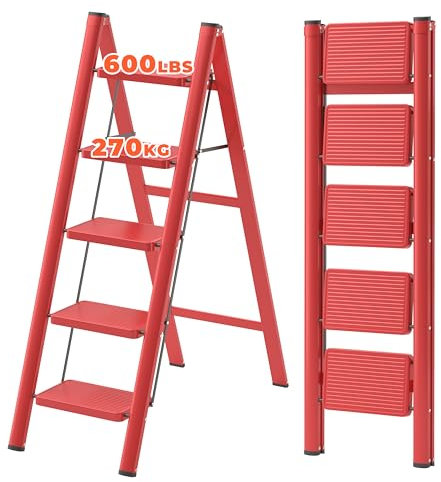 JOISCOPE 5 Stufen Klappleiter, Trittleiter, Leiter, rutschfeste Gummimatten, Verbreiterten rutschfest Stufe, bis 270KG Belastbar, aus Stahl, Stufenleiter für Haushalt, Büro, Rot