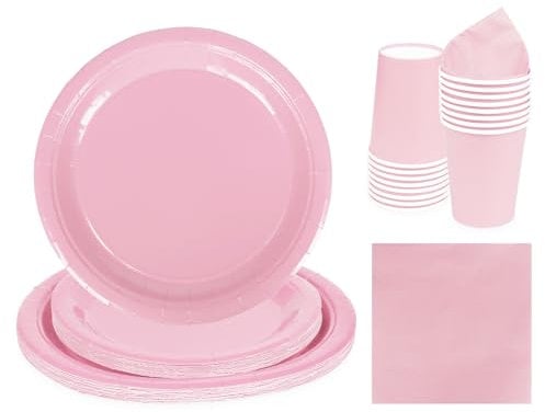 68pcs Pink Tableware Set Decor, Pastel Pink Paper Napkins Cups 7inch & 9inch Paper Plates in Solid Color, Disposable Birthday Decorations for Him Her Men Women Kids Boys Girls Birthday Wedding Party