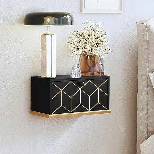 HOLTICO Nachttisch hängend Schwarz Holz,Wandregal Schweberegal Küchenregal Hängeregal Regal Wand für Schlafzimmer Kinderzimmer Küche Morden Deko klein