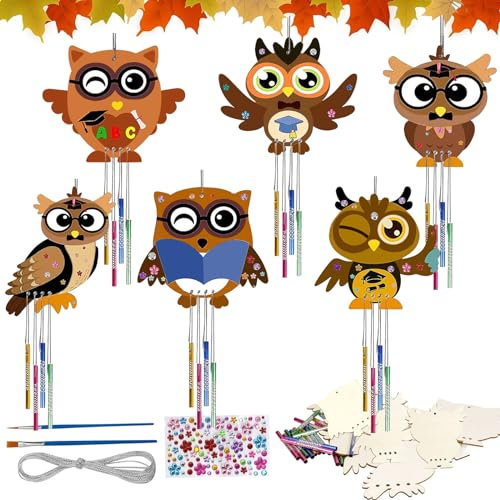 Eulen Windspiel Bastelset Kinder, 6tlg Bastelset Windspiel Kinder Windspiel, Herbst Basteln Holz Herbstdeko mit 24 Windspiele+2 Malpinseln, Windspiele für Erntedankfest DIY Malen Dekoration