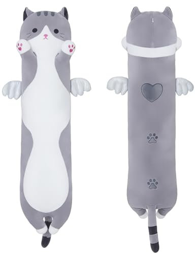SNOWOLF Katze Weiches Kissen Plüsch Long Schlafkissen Baumwolle Kätzchen Kissen Kuschelig Gefüllte Niedliche Plüschpuppe Spielzeug Geschenk Für Kinder Freundin (Grey, 110cm)