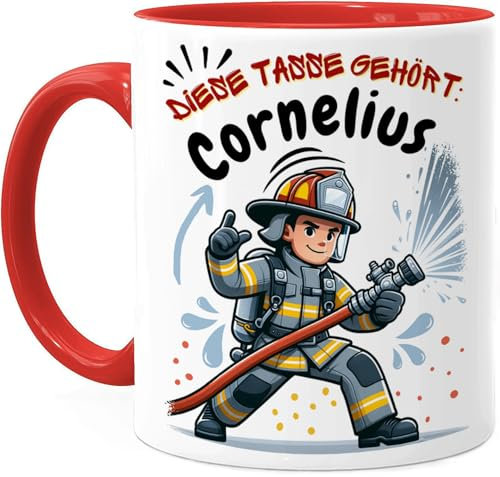 Tassenliebling® Feuerwehr Tasse personalisiert - Kindertasse mit Namen für Junge Mädchen - Rot - Weihnachtstasse - Personalisierte Geschenke Kinder - Kinderbecher aus Keramik 330ml
