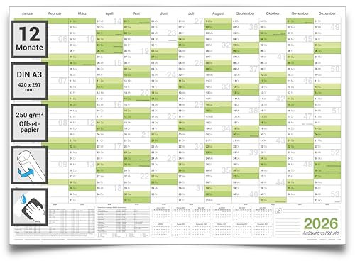 Kalender DIN A3 abwischbarer Wandkalender 2026 gerollt 42,0x29,7cm groß Wandplaner ist feucht korrigierbar, Jahresplaner 2026 in deutscher Sprache - Kalenderoutlet