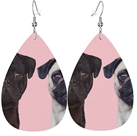 LAMAME Damen-Ohrring aus Leder mit lustigem Mops-Motiv, Einheitsgröße, Kunstleder, Kein Edelstein