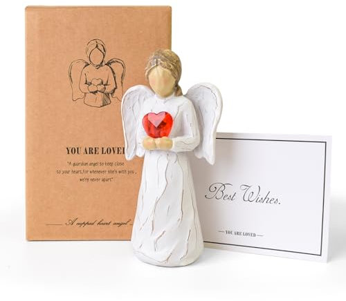 Guardian Angel Figurines with Red Heart Light, Hand-Painted Angel Statue Battery Operated Decor Gifts for Women Mom Birthday Memorial Thanksgiving Christmas Home Decor Ornament