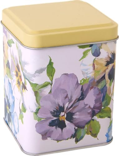 IHR Pansy/Viola Floral Design - Retro/Vintage Style Square Lid 100g Tea Caddy/Kitchen Storage Tin - Multi-coloured - 10 cm