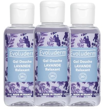EVOLDUERM – Gel Douche Lavande Relaxant - 100 ml - 96% d’Origine Naturelle - Végan - Fabrication Française - Lot de 3 x 100 ml
