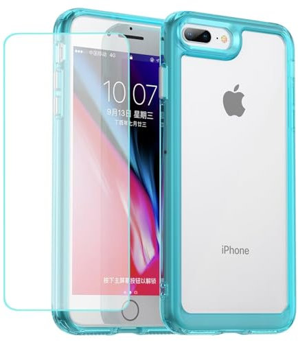Wanyuexes Case for iPhone 7 Plus Case/iPhone 8 Plus Case with Tempered Glass Screen Protector, Anti Yellowing Clear Hard PC Back & Soft TPU Bumper Protective Phone Cover for iPhone 8 Plus Crystal Blue