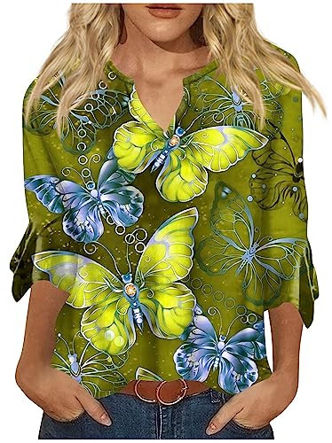 RMBLYfeiye Shirt Damen 3/4 Arm Blumen Bedruckt Trompetenärmel T V Ausschnitt Sommer Bluse Frauen Basic Musselin Festliche Oberteile Leichte Tunika Bequem Hemdbluse Ausgefallene
