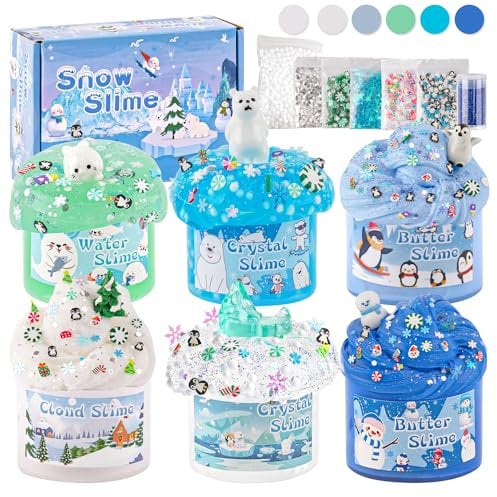 LAWOHO 6er-Pack Schnee Slime Set – Fluffy Cloud Wolkenschleim, Clear Slime & Butter Schleim & Water Slime, Snow Kinder Slime mit Schleim Add-ins, Geburtstag Weihnachten Geschenk für Mädchen & Jungen