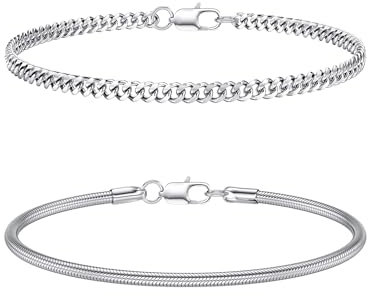 CASSIECA 2Pcs Herren Armband Edelstahl Armband Herren Armband Herren Silber Stackable Kette Armband Kubanische Schlange Herren Jungen Silber Schmuck Herren 19CM Geschenke für Papa Ehemann Sohn