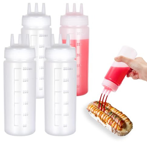 OLYCRAFT 4 Bouteille à Condiments à 3 Trous de 10 oz/300 ML en Plastique pour Vinaigrette Sauces Huile Vinaigre Ketchup Moutarde Vinaigrette Accessoires de Cuisine pour Sauce Huile Vinaigre