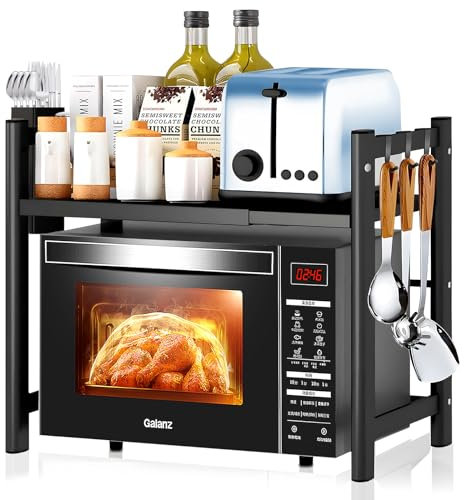 HYOJCWU Soporte Extensible para Microondas de 2 Niveles, Soporte para Microondas y Horno Cocina con 6 Ganchos, Soporte Microondas Extensible para Encimera de Cocina, 37-61 cm, Negro