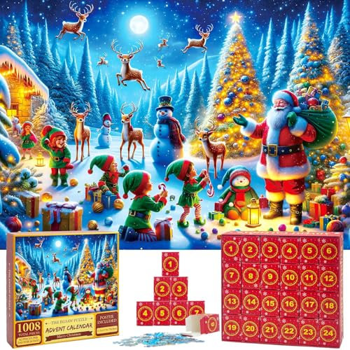 Jigsaw Advent Calendar 2024, Puzzle Advent Calendar 2024, Christmas Family Holiday Puzzle 1008 Pieces Jigsaw Puzzle, 24 Boxes Puzzles for Countdown to Christmas Home Decoration