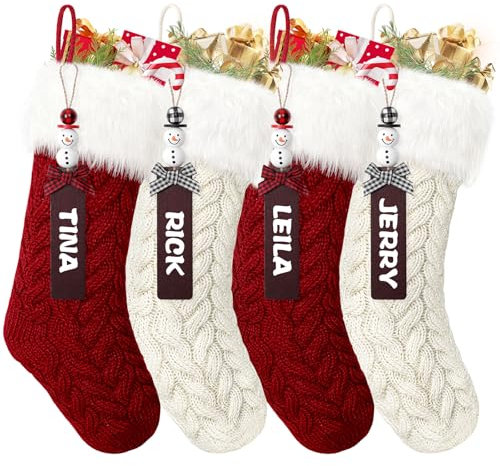SOMYTING Lot de 4 Chaussettes de Noël Tricotées avec étiquettes de nom en Forme de Bonhomme de Neige en Fourrure Blanche à Suspendre pour Les Vacances Noël Nouvel an Cadeaux pour Enfants