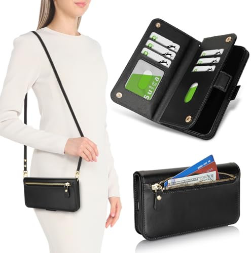 SailorTech Custodia per iPhone 14 Portafoglio con slot per porta carte di credito, iPhone 14 Custodia Portafoglio Zipper con Cellulare Regolabile Collana-Nero