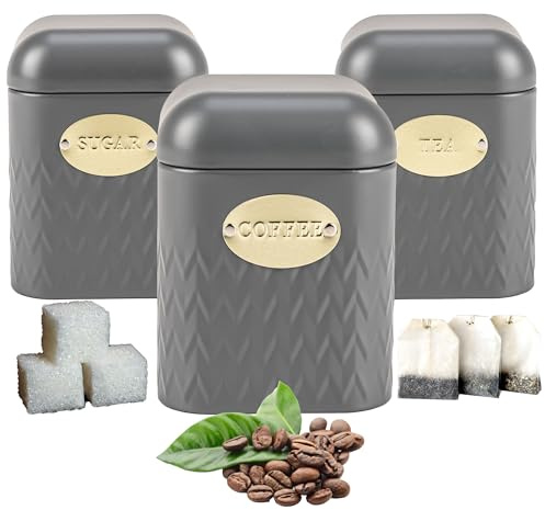 KARL HAUSMANN Küchendosen Set - 3-teiliges - Edelstahl Behälter für Kaffee-Tee-Zucker - Aufbewahrungsdose mit Deckel - Kaffeedose - Zuckerdose - Teedose - Grau Dosen - Tea Sugar Coffee Jars Set
