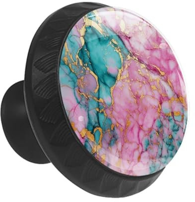 Anna Cowper 12 Pieces Drawer Knobs Pink Teal Marble, Black Cabinet Hardware Round Knob Drawer Handles Knobs for Kitchen Cupboard Furniture Chest Door Dresser Bathroom