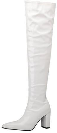 smlekwc Donna Pelle Verniciata Stivali Alti alla Coscia in da con Cerniera Laterale Sexy Punta Appuntita Stivali Lunghi Tacco Grosso Alto Stivali sopra Il Ginocchio,Bianca,45 EU