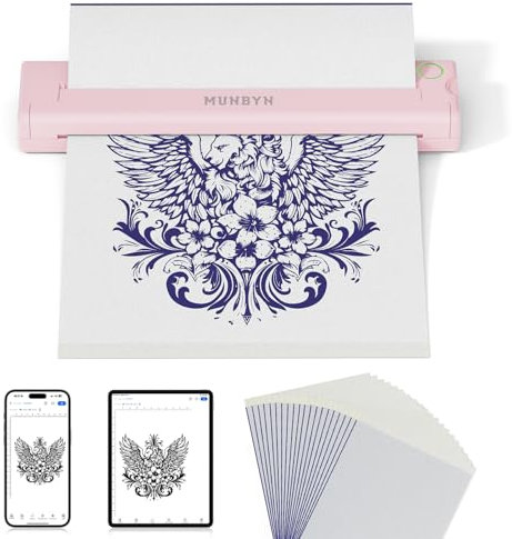 MUNBYN Tattoo Drucker Bluetooth, Stencil Drucker, Tattoo Printer Thermodrucker mit 20 Blatt A4 Transferpapier, Kompatibel mit Android iOS macOS Windows, ITP05, Rosa