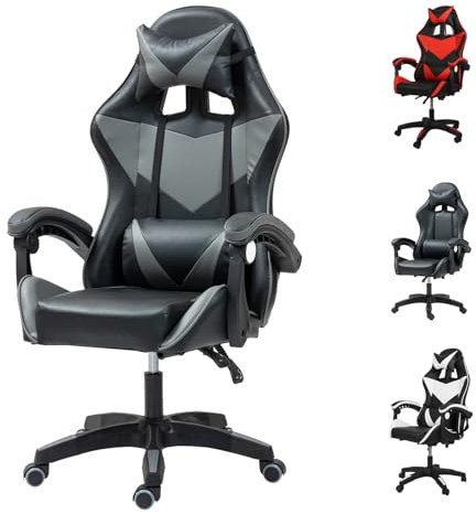 Gaming Chair, Computer Chair with Lumbar Cushion, Headrest, Height-Adjustable Office Chair Gaming Chair for Adults, Girls, Boys (Grey, with footrest)