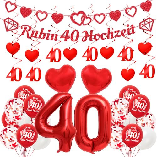 40 Hochzeitstag Rubinhochzeit Deko Luftballons - 25 Stück Rubin 40 Hochzeit Banner Zahl40 Herz Folienballons Liebesspirale Konfetti Ballons Für Jubiläum Hochzeit Geburtstag Brautdusche Valentinstag