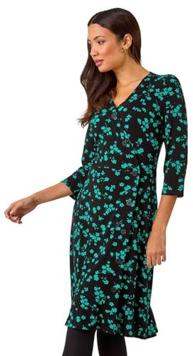 Roman Originals Tea Dress for Women UK Ladies Frill Hem Skater Wrap Jersey Stretchy Fit & Flare Flattering Knee Length Cocktail Party Occasion Holiday Going Out - Noir Green - Size 10