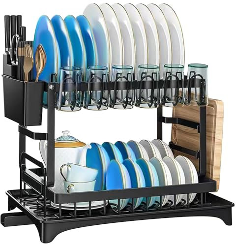Bestdin 2-Stufiges Abtropfgestell Geschirr, Edelstahl Geschirrabtropfgestell mit Abtropfschale und Drehbarem Auslauf, Abtropfgestell mit Utensilienhalter, Schneidebrettständer, Tassenhalter, Schwarz