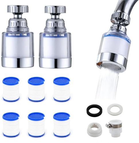 LOMUG Wasserhahn Filter Transparenter, 2 Stück 360° Wasserhahn Filter + 6 Stück PP-Baumwollfilterelement Wasserfilter, Wasserhahn mit Austauschbar Filterelement, für Küche, Spüle, Home Badezimmer