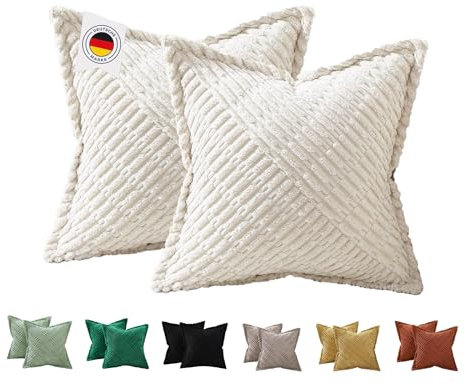 ALWINIA Kissenbezüge 40x40 Creme, 2er Set aus Kordsamt - Weiche & Gemütliche Samt Kissenhüllen im Wohnzimmer & Schlafzimmer - Stilvolle Deko für Sofa & Bett - Cremeweiß