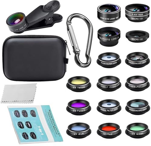 15 in 1 Mobile Lens Kit, Vielseitiges Smartphone Objektiv Set, inklusive Breit-, Makro-, Fischaugen-, Tele- & Spezialfilter