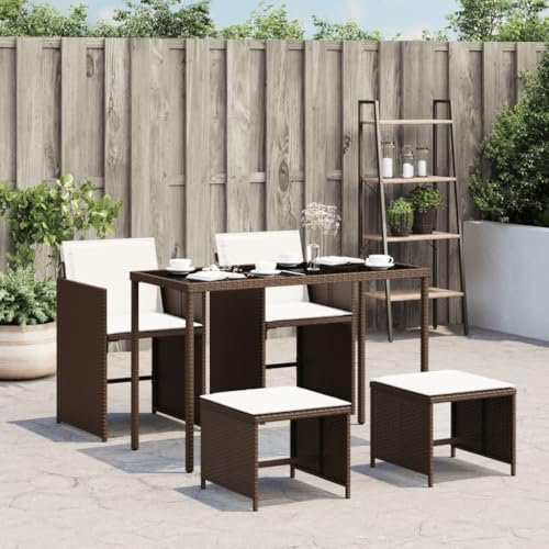 Swpsd 5-TLG. Garten Essgruppe 4 Personen, Gartenmöbel Set 4 Stühle mit Tisch, Garten Sitzgruppe, Essgruppe für Garten Terrasse und Balkon, mit Kissen Braun Poly Rattan/ T129BT