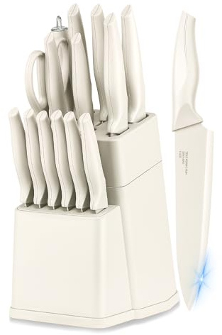 Joyfair Messerblock mit Messer, 15-teiliges Hochwertig Carbon Edelstahl Messerset mit Wetzstahl, Scharf Messer Set mit Kochmesser, Brotmesser, Schere, Küchenmesser für Hacken & Schneiden, Weiß