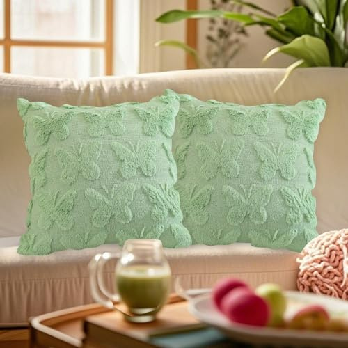 FUFRE 2 Stück Schleife Kissenbezug 45x45 cm, Kissenbezüge Schleifen 45x45 Deko Wohnzimmer Modern Kissenhülle Zimmer Deko Aesthetic Zierkissenbezüge Muttertag Dekokissen Geschenk für Mama (Grün A)