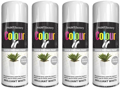 Spray Paint White Brilliant Gloss Finish 250ml - 4 Pack Quick Dry Aerosol Can All Purpose for Wood, Metal, Plastic, Interior & Exterior