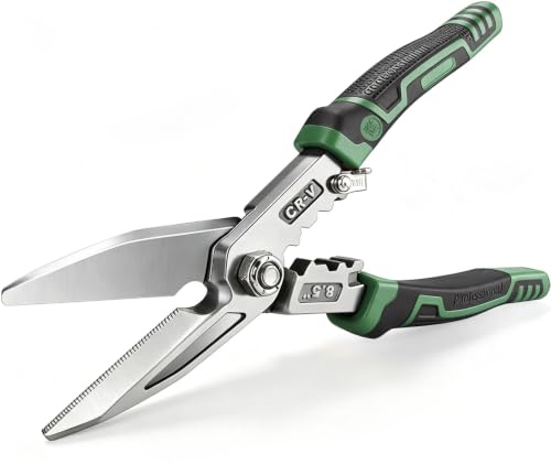 Heavy Duty Industrial Scissors 8.5'', Utility Sharp Aviation Tin Snips, Finely Serrated CR-V Blades with Safety Lock, for Cutting Wires, Cardboard, Plastic, Carpet, Metal Sheet
