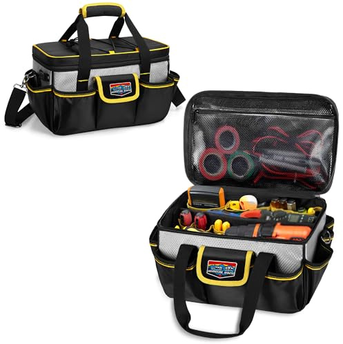 Rexmica 32 CM Robuste Kleine Werkzeugtasche für Herren,Multifunktionale Taktische Arbeitstasche mit Dick Gepolstertem Boden und Schultergurt für Elektriker, Schreiner, Heimwerker, Gärtner, Schwarz