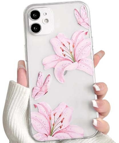NITITOP für iPhone 12 Mini Hülle Durchsichtig Blume Lilien, Rosa | Süß Floral Schmetterlinge Muster, für Frauen Mädchen, Hauchdünn TPU, mit Vollständiger Kameraschutz, Stoßfest Handyhülle