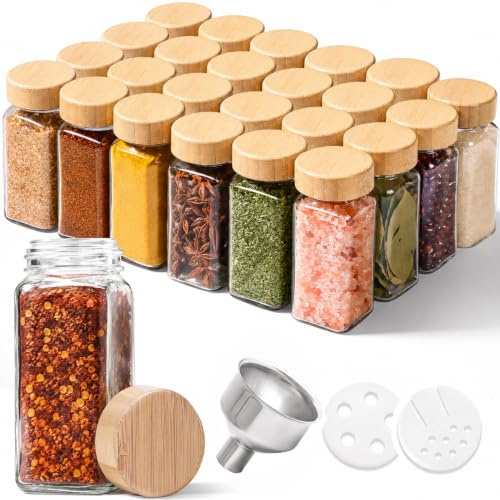 ComSaf 120ml Glass Spice Jars with Bamboo Lids & Labels for Herbs, 24 Pack | Spice Containers for Herbs & Seasoning, Mini Glass Jars with Bamboo Lids & Metal Funnel for Spice Racks, Kitchen Storage