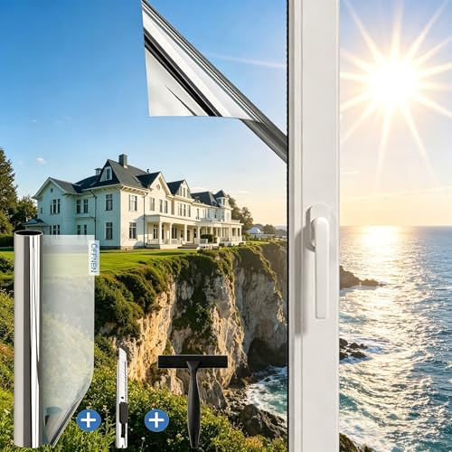 Gutsurge Spiegelfolie Fenster Sichtschutz 100x200cm Sonnenschutzfolie Fenster Innen & Außen Fensterfolie Sonnenschutz Einseitige UV Folie Fenster Hitzeschutz ideal für Wohnzimmer und Büro, Silber