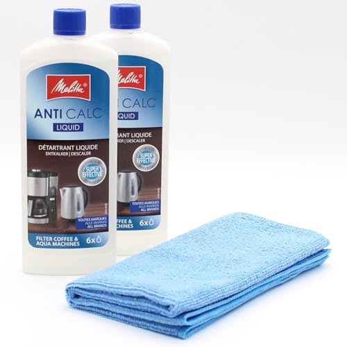 PakTrade 2 Flüssigentkalker für Filter-Kaffeemaschinen + Mikrofasertuch kompatibel mit Melitta Anti Calc Liquid, 2 x 250 ml Flasche - Entkalker für Kaffeemaschinen, Wasserkocher, Bügeleisen - Zubehör