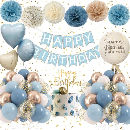 Geburtstagsdeko Blau, Deko Geburtstag Mädchen Frau,Luftballons Geburtstag | Happy Birthday Banner, Herzen Folienballons, Papier-Pompons, Babyparty Deko, Geburtstagsdeko für Junge Mann