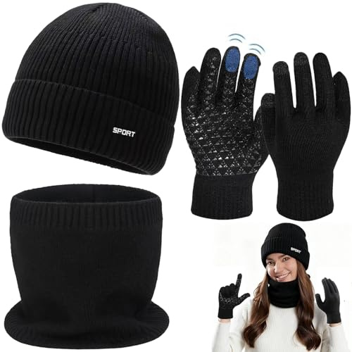 Mino Plus Mütze Schal und Touchscreen Handschuhe Set Wintermütze,Mütze, Schal & Handschuh-Sets für Herren Damen,Elastische Cuffed Plain Wintermütze Outdoor Aktivitäten Geschenk